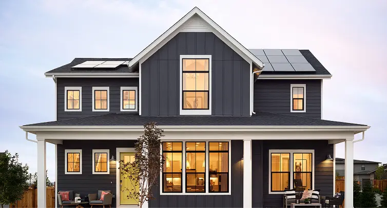 Modern home exterior featuring LP SmartSide vertical siding panels